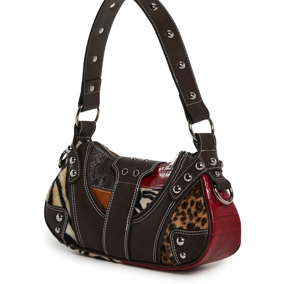 Animal print patchwork leather shoulder buckle bag tiger zebra leopard croc skin - Picture 4 of 5